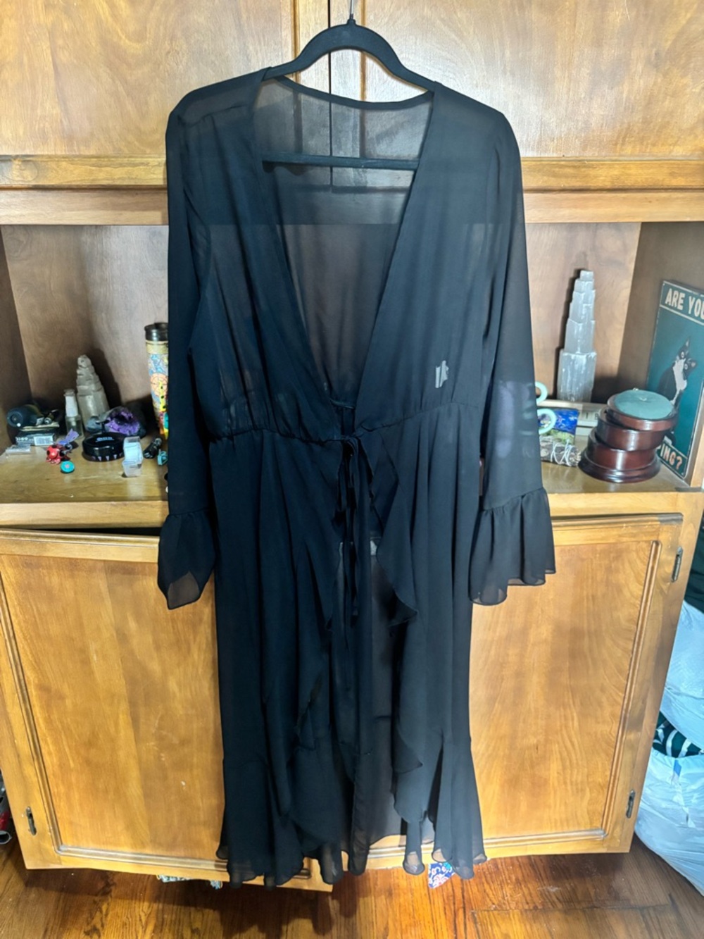 Sheer Black Long Ruffle Kimono Cover-Up